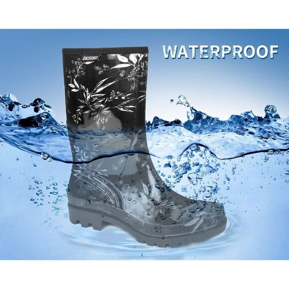 Women's Black Leaves Lightweight Rubber Fashion Wide Calf Waterproof Rain Boots - Picture 4 of 5
